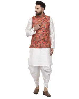 Men's White Kurta With Dhoti & Orange Printed Nehru Jacket - Benstoke