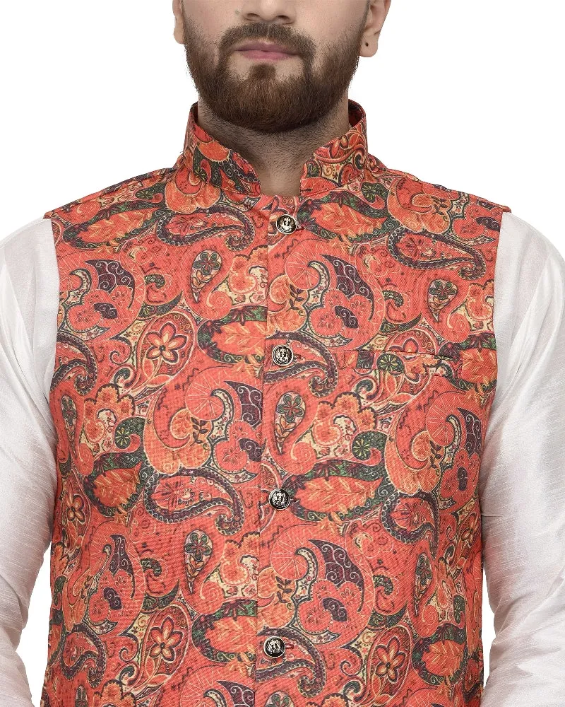 Men's White Kurta With Dhoti & Orange Printed Nehru Jacket - Benstoke