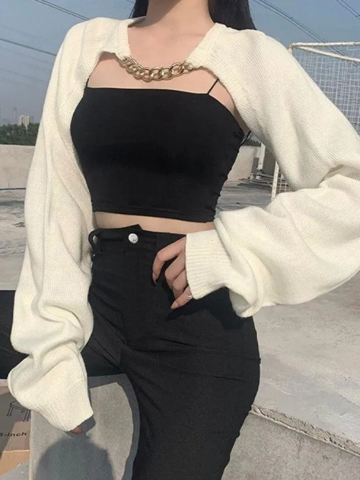 Metallic Chain Embellished Shrug Crop Sweater