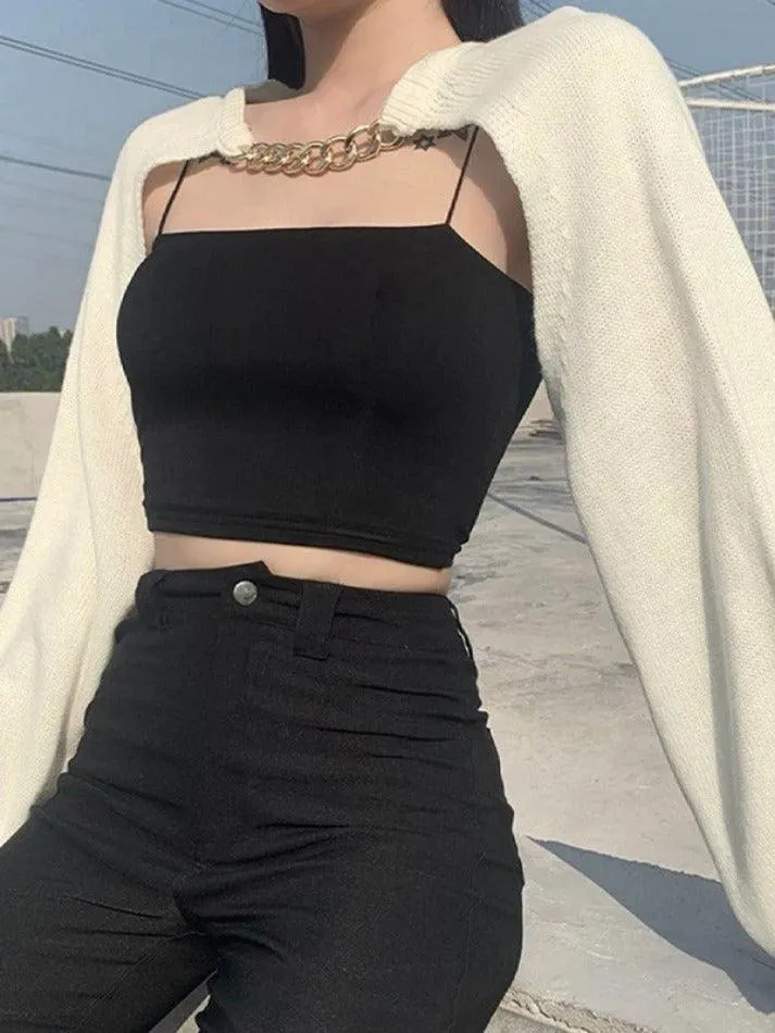 Metallic Chain Embellished Shrug Crop Sweater