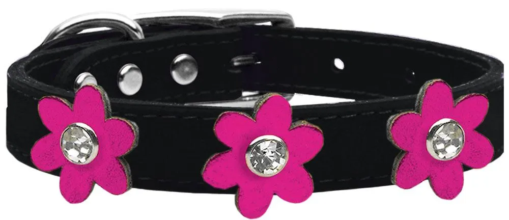 Metallic Flower Leather Collar Black With Metallic Pink Flowers Size 20