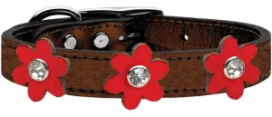 Metallic Flower Leather Collar Bronze With Metallic Red Flowers Size 16