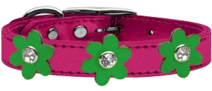 Metallic Flower Leather Collar Metallic Pink With Metallic Emerald Green Flowers Size 16