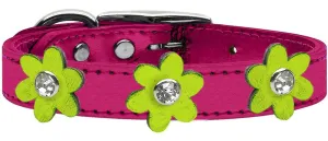 Metallic Flower Leather Collar Metallic Pink With Metallic Lime Green Flowers Size 26