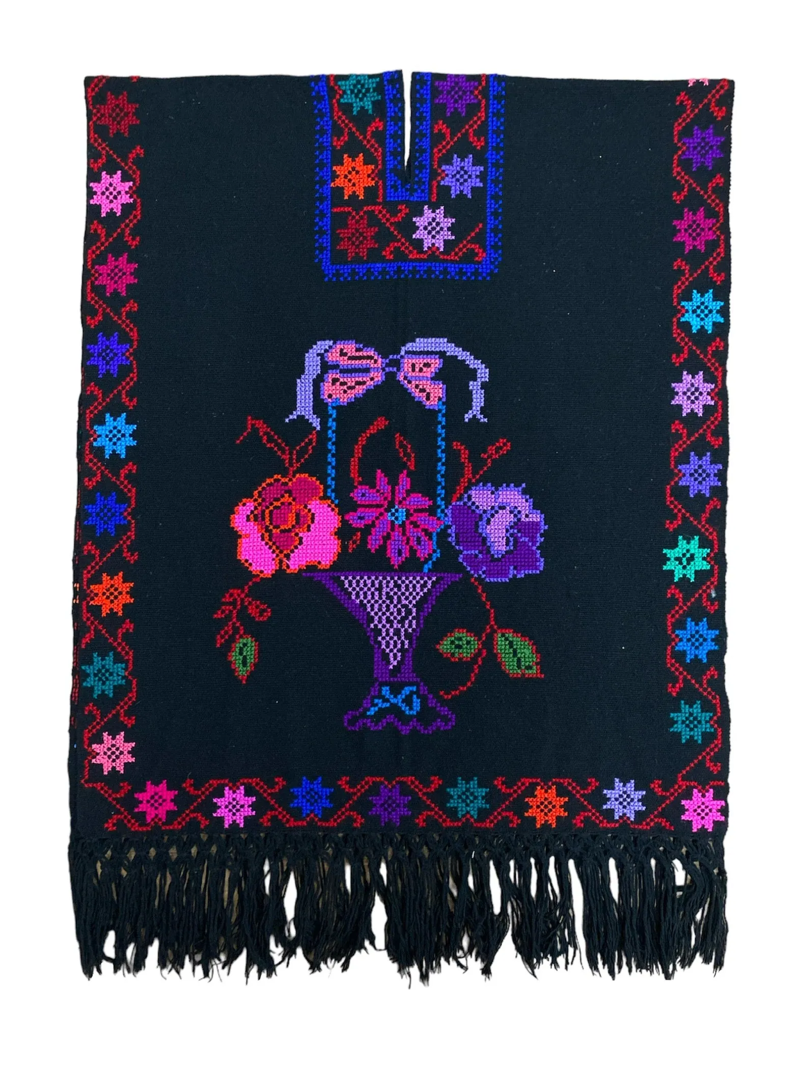 Mexican Floral Poncho Black