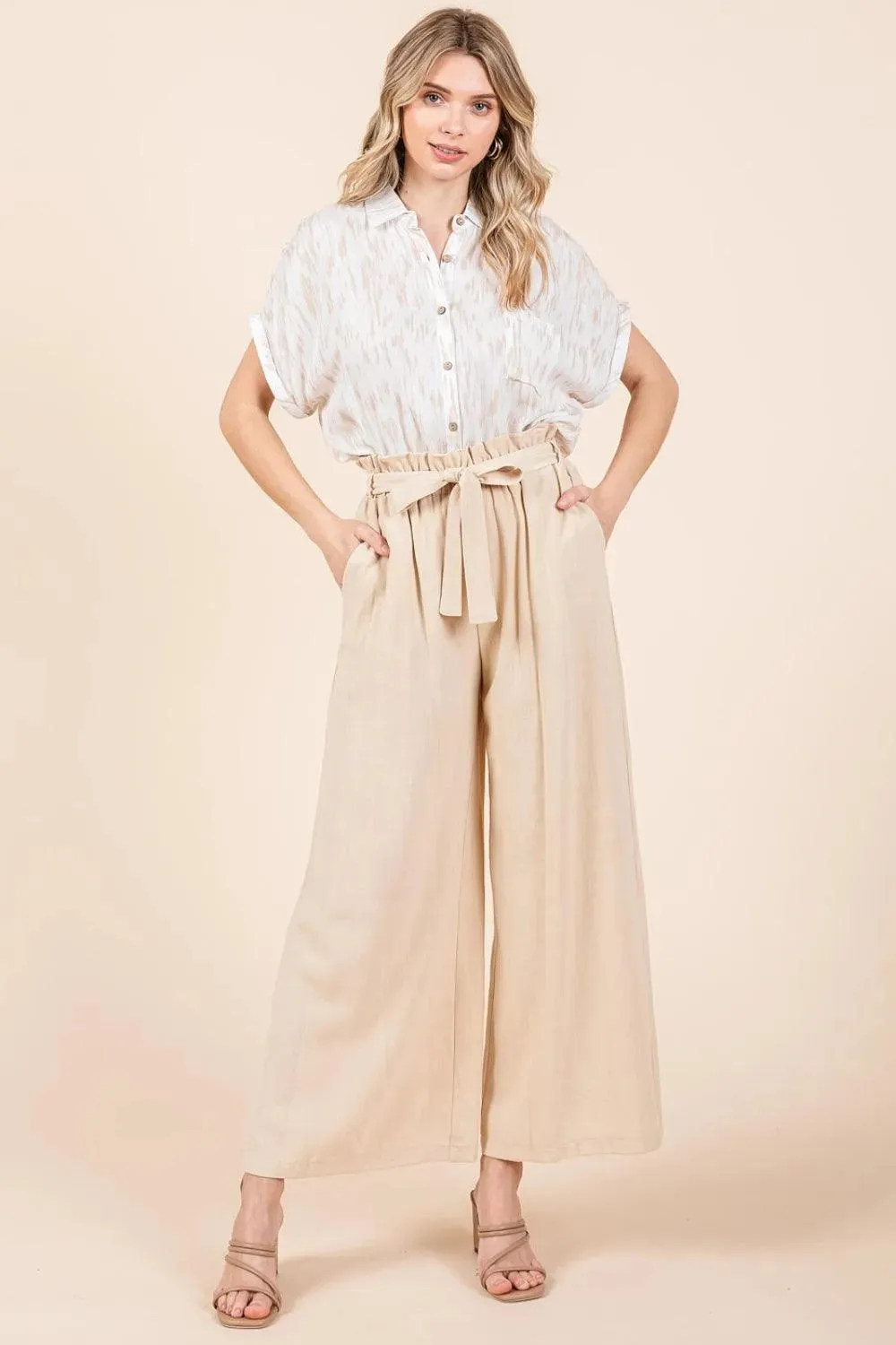 Mittoshop High Waist Tie Front Wide Leg Pants for Women