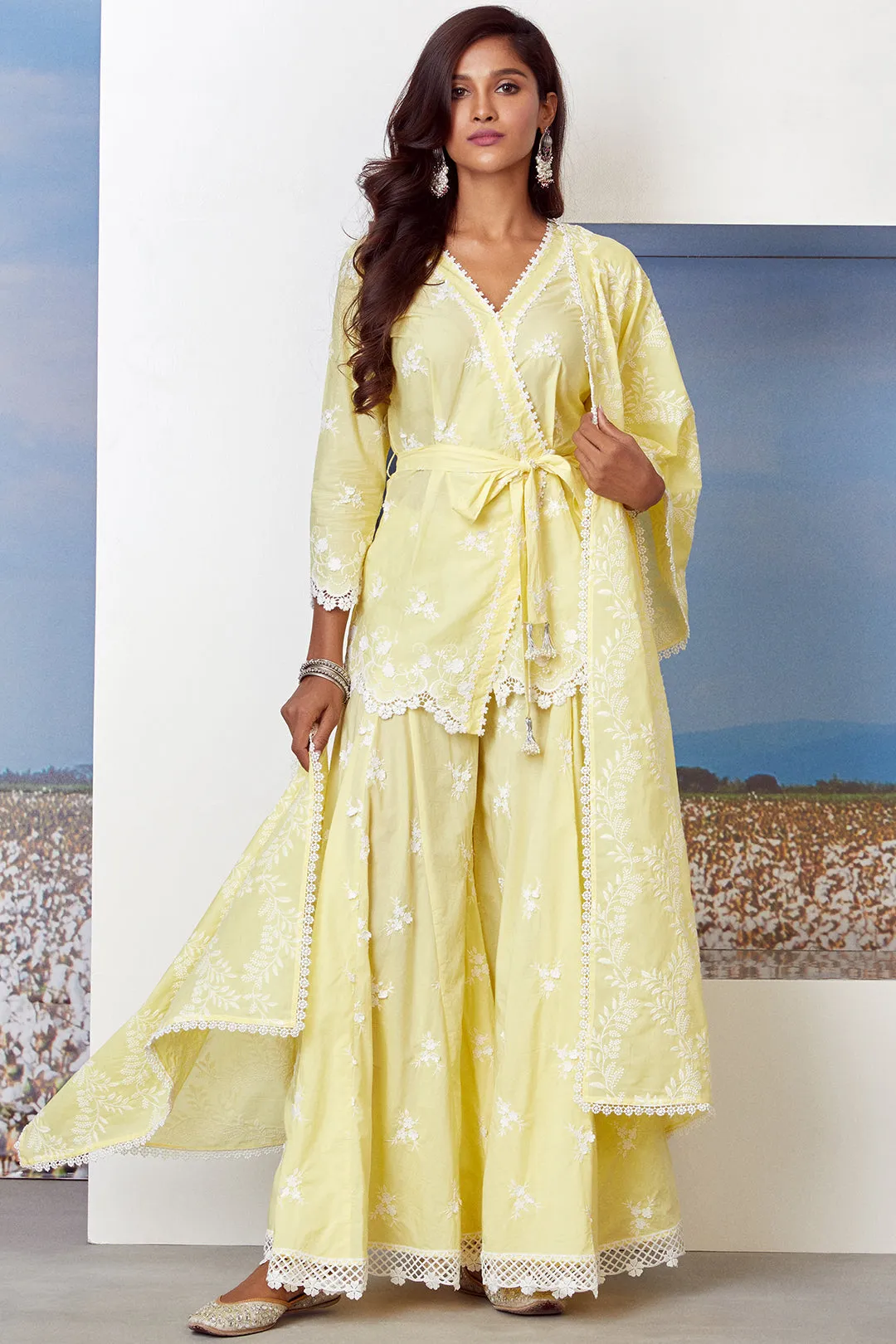 Mulmul Cotton Pearl Star Yellow Kurta With Pearl Star Yellow Sharara