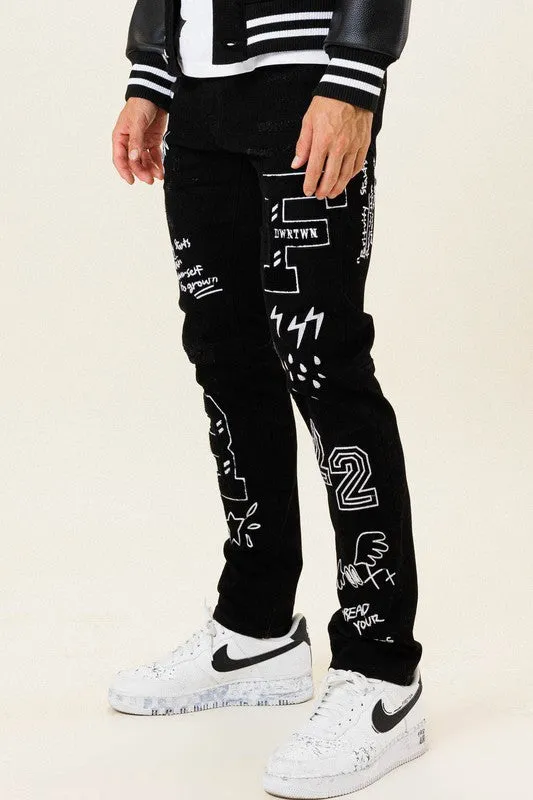 MULTI PATCH  SLIM FIT BLACK DENIM PANTS