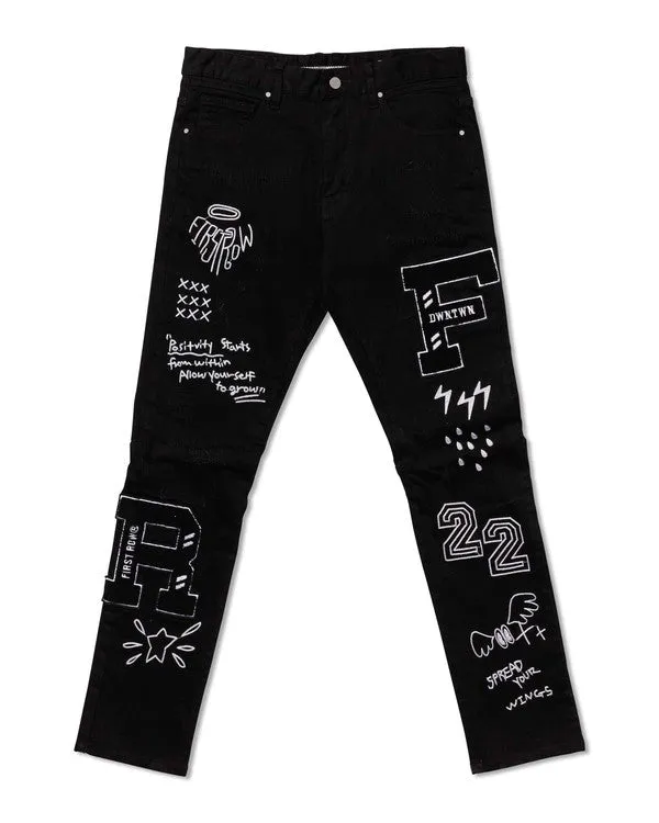 MULTI PATCH  SLIM FIT BLACK DENIM PANTS