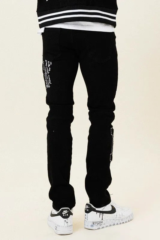 MULTI PATCH  SLIM FIT BLACK DENIM PANTS