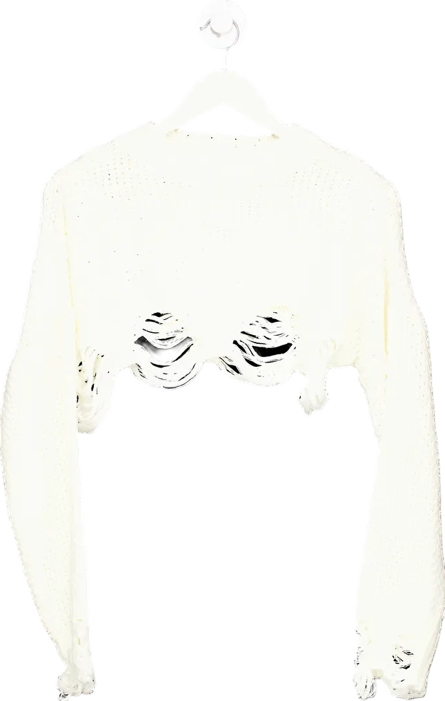 Nasty Gal White Distressed Knit Crop Sweater UK XS