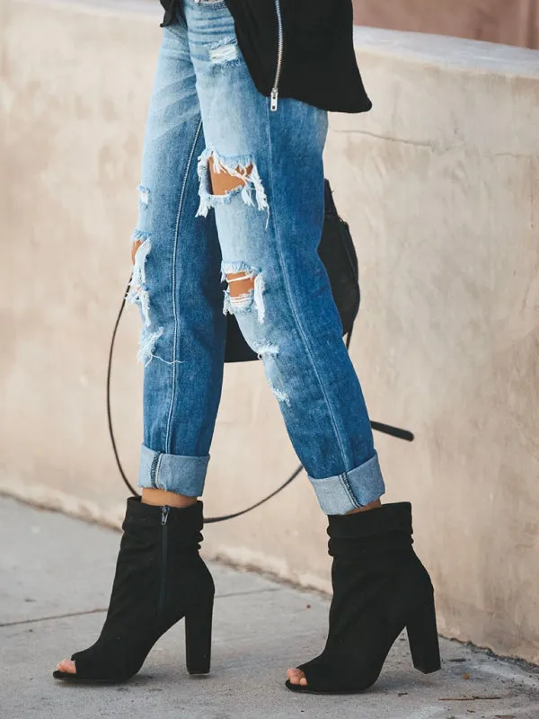 New casual washed ripped straight leg street style jeans