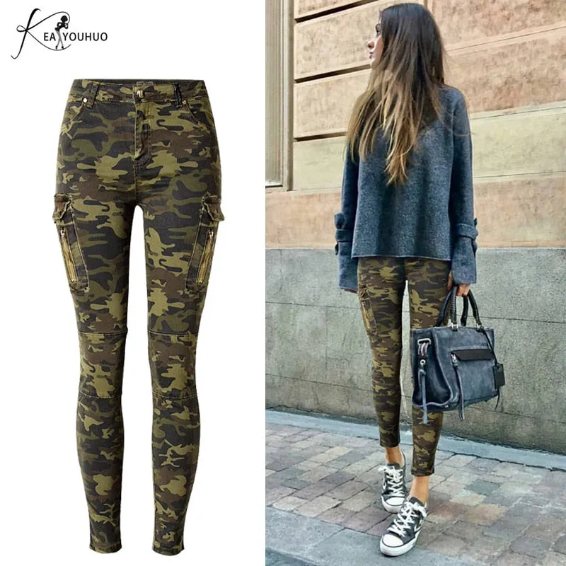 Pencil Plus Size Cargo Jeans Woman High Waist Camouflage