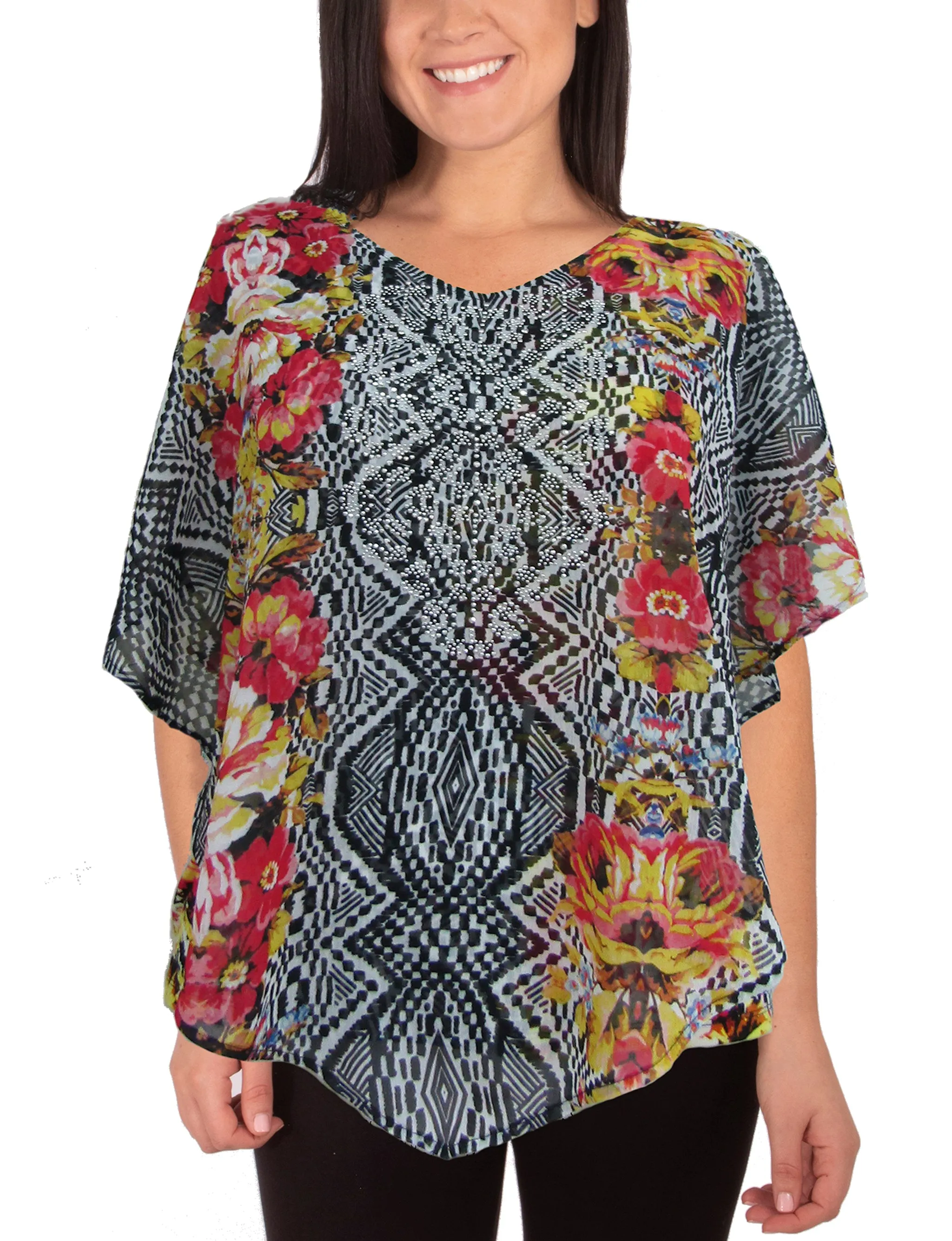 Petite V-Neck Printed Poncho With Nailheads