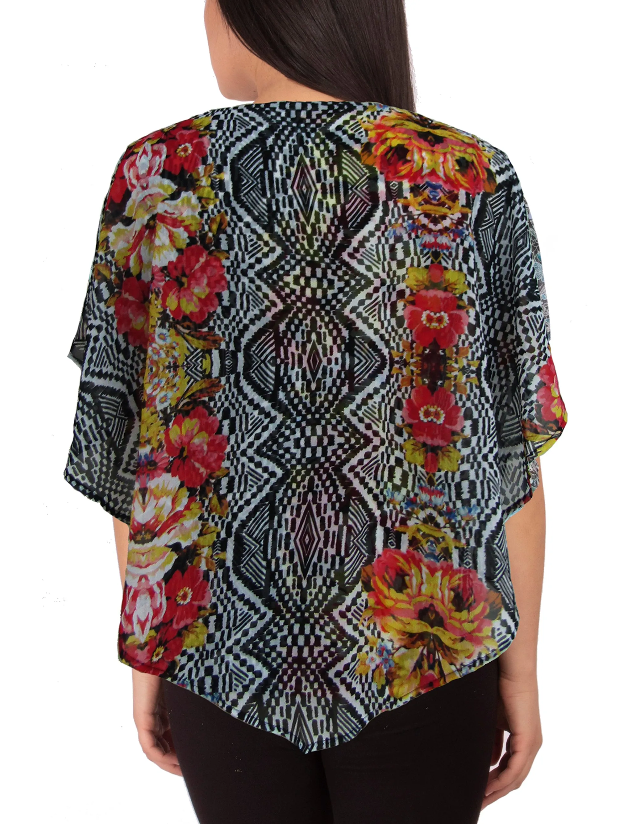 Petite V-Neck Printed Poncho With Nailheads