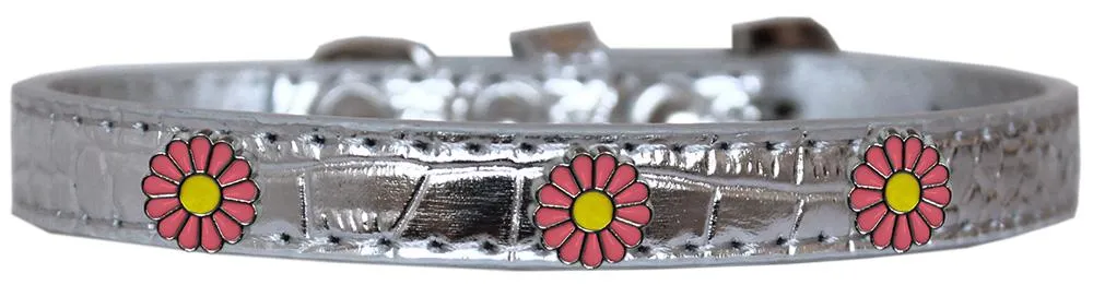 Pink Daisy Widget Croc Dog Collar Silver Size 20