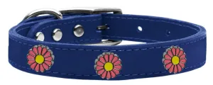 Pink Daisy Widget Genuine Leather Dog Collar Blue 26