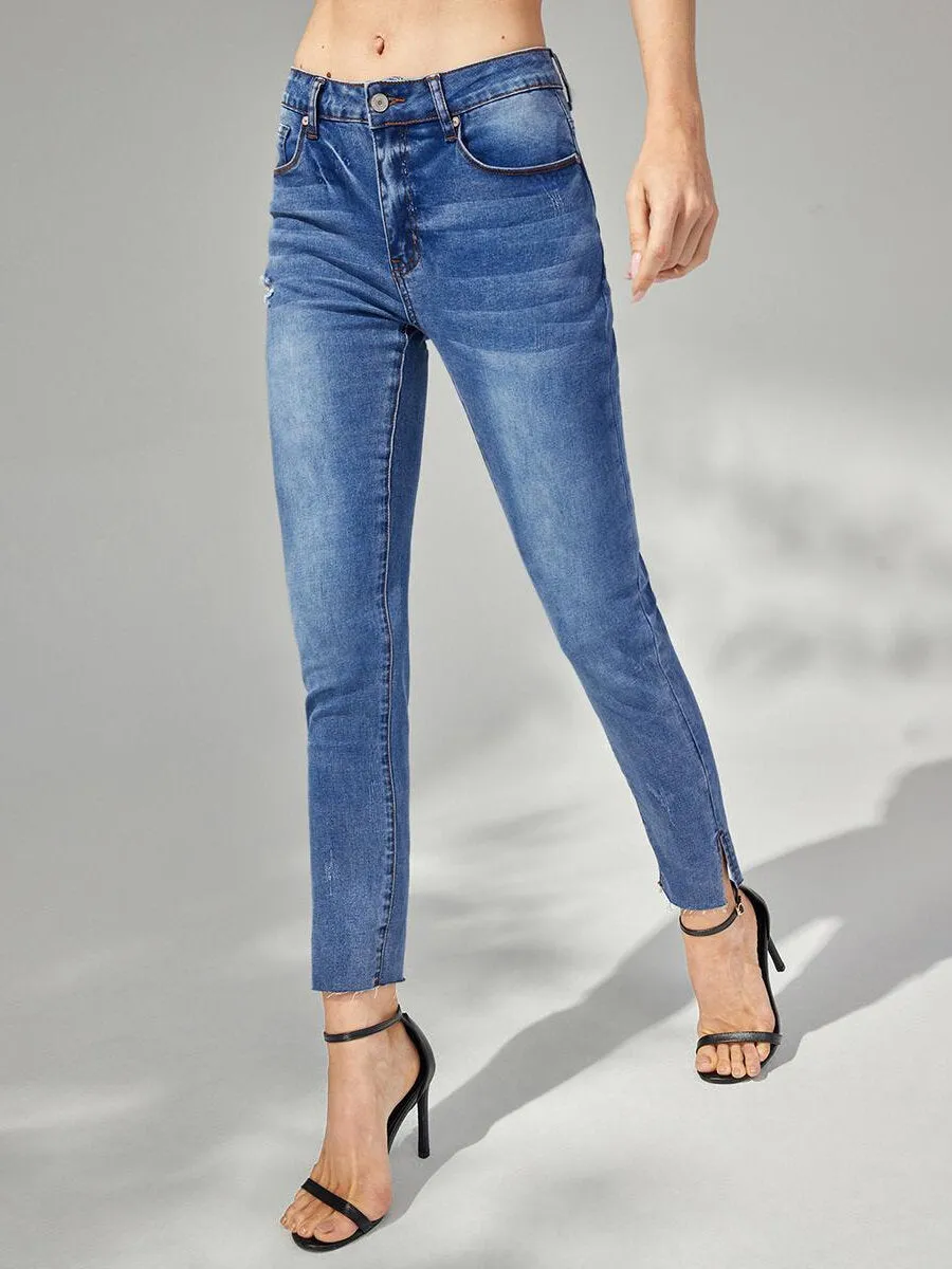 Plain Ripped Split Hem Skinny Jeans