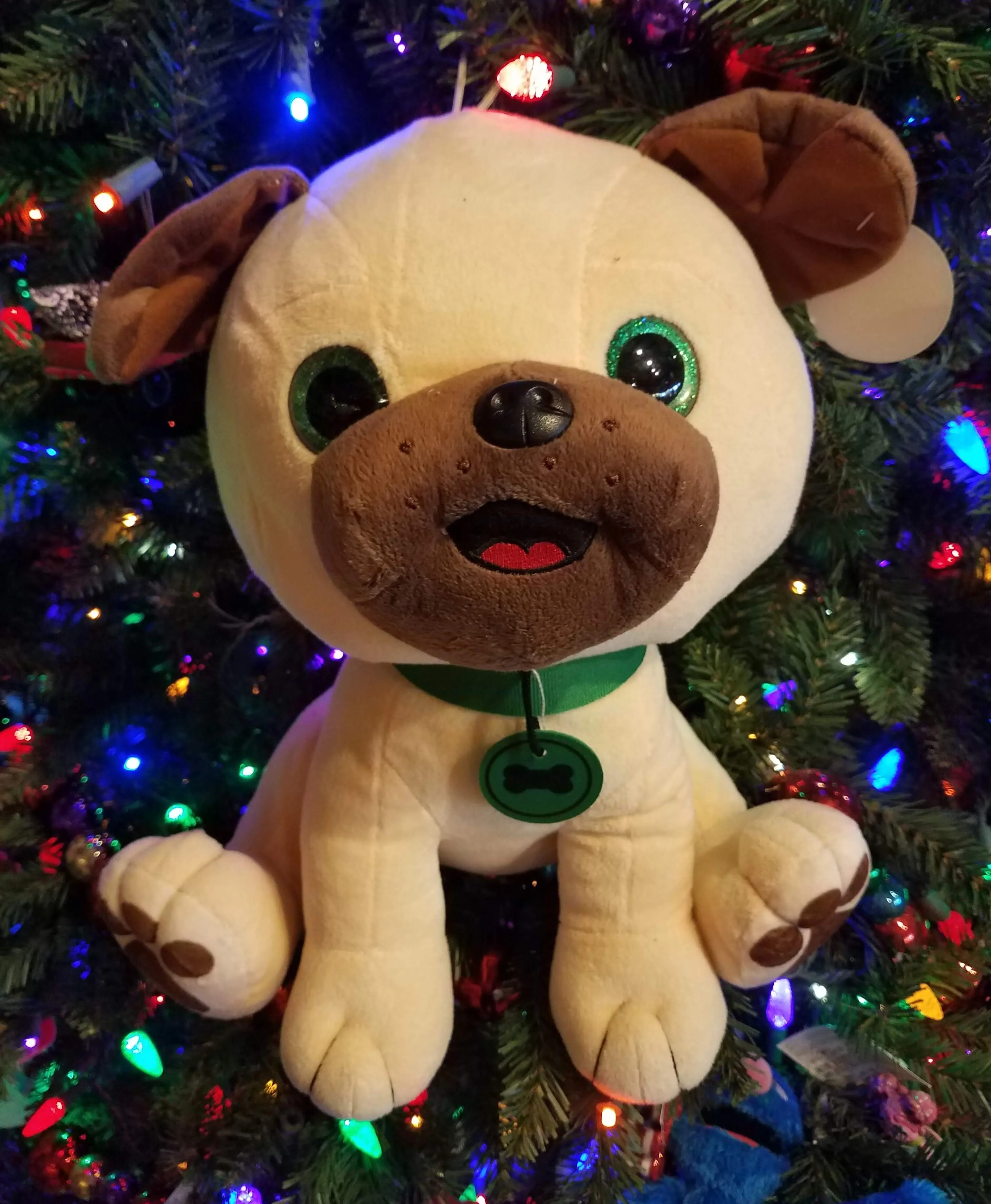 Plush pug w green collar 14"