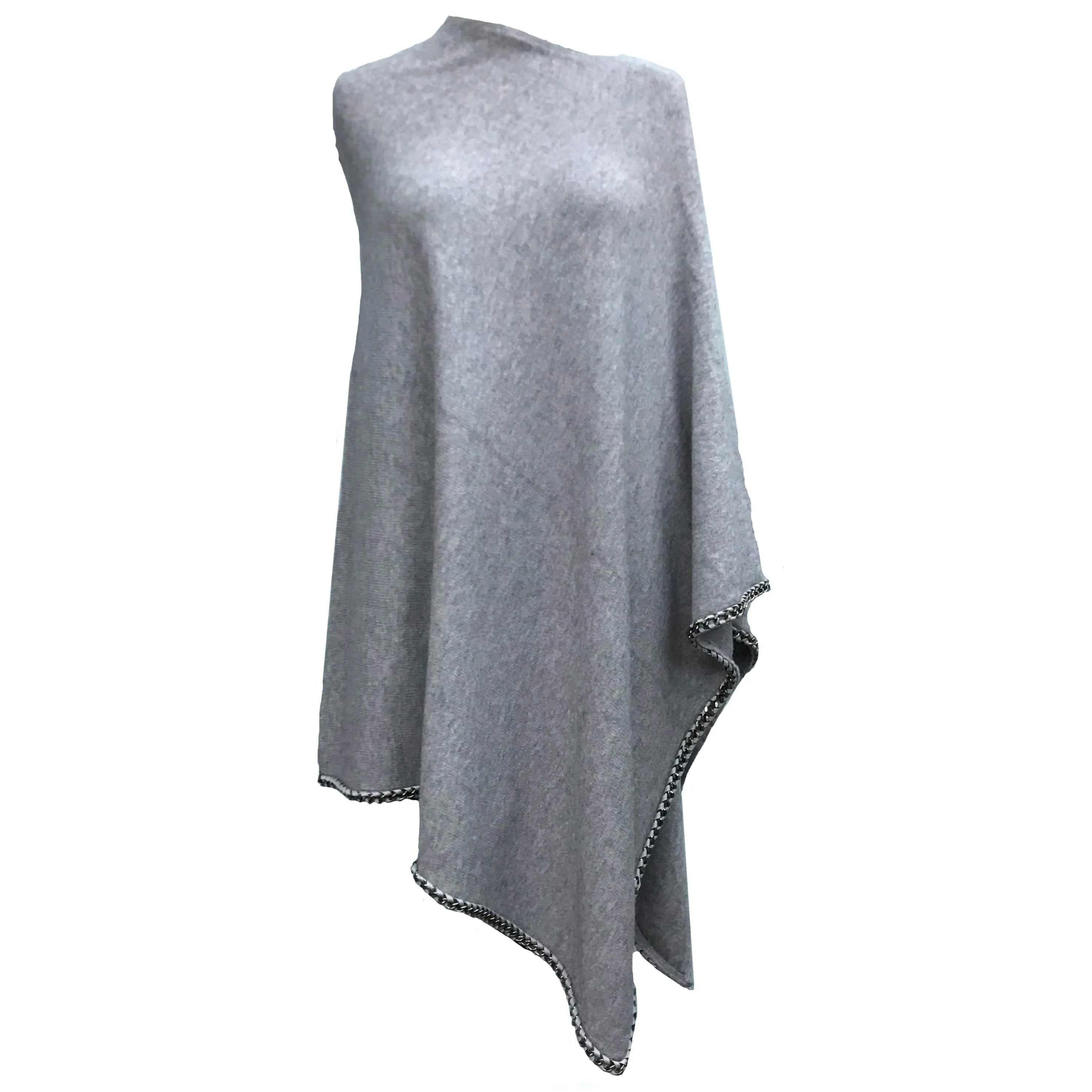 Poncho with Chain Trim Border - Grey