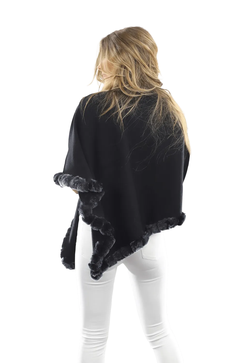 Poncho with Rex Rabbit Trim- Black