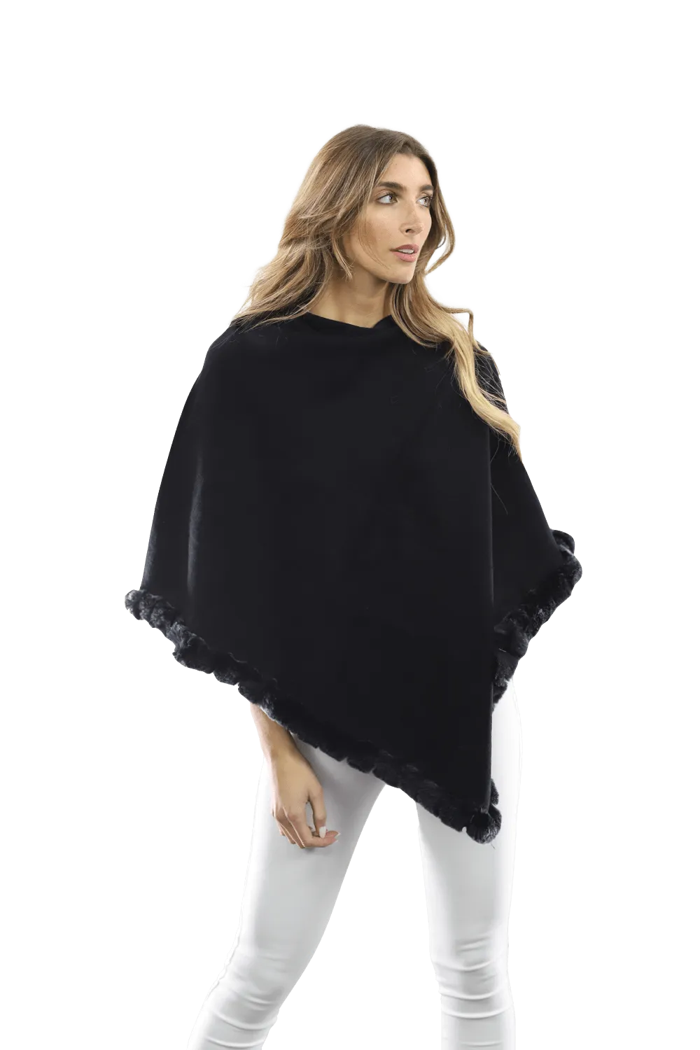 Poncho with Rex Rabbit Trim- Black