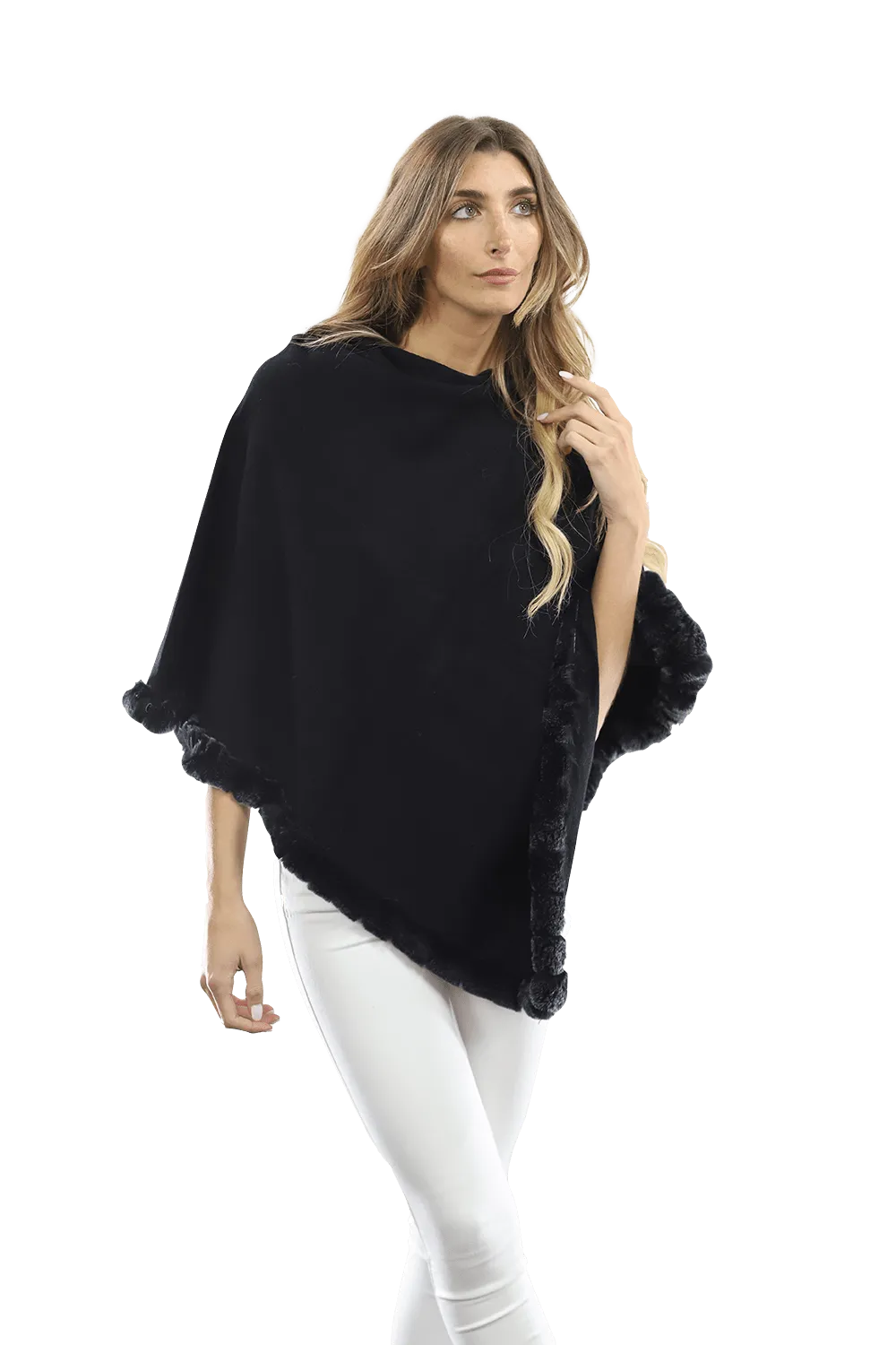 Poncho with Rex Rabbit Trim- Black