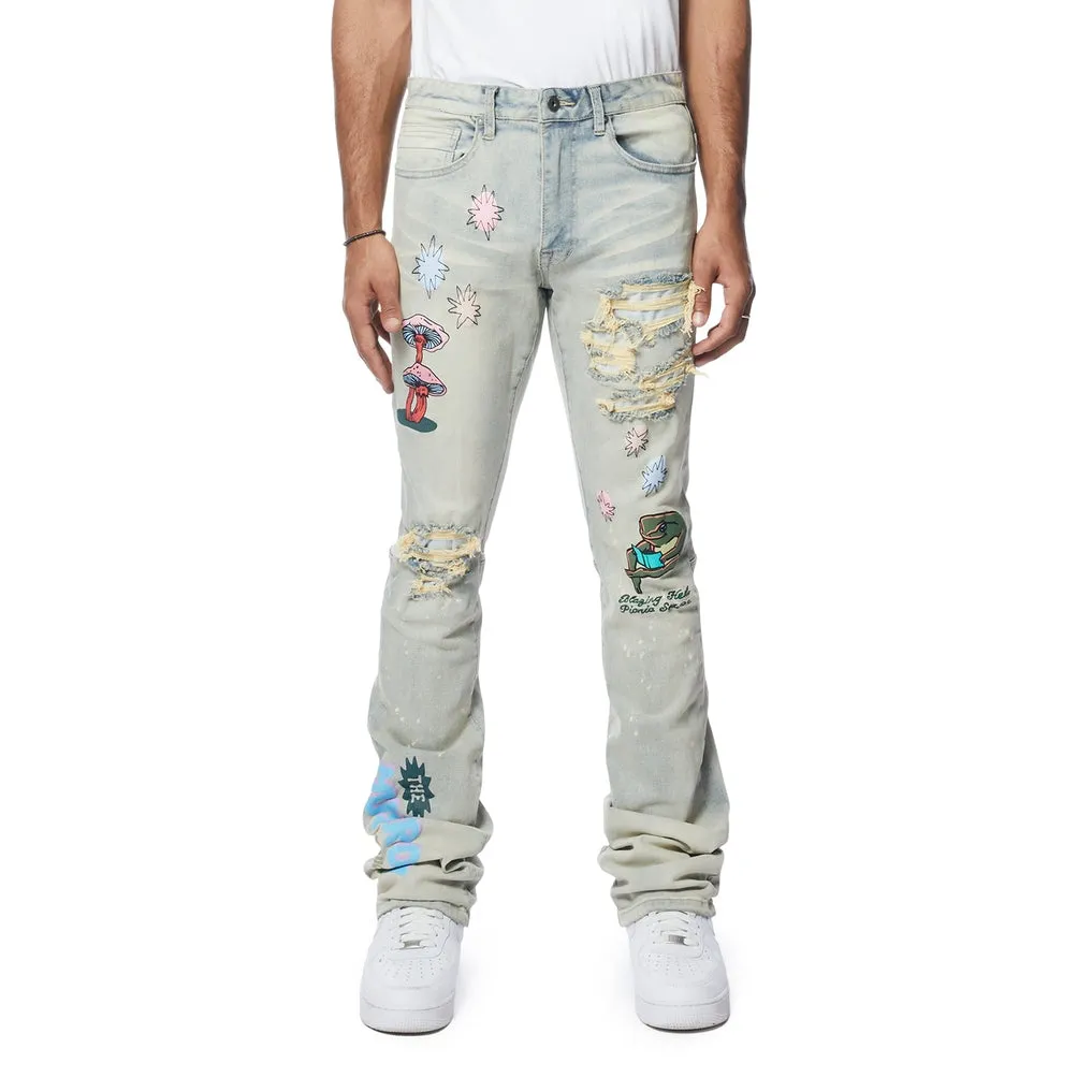 Puff High Density Printed Stacked Denim Jeans - Ombre Blue