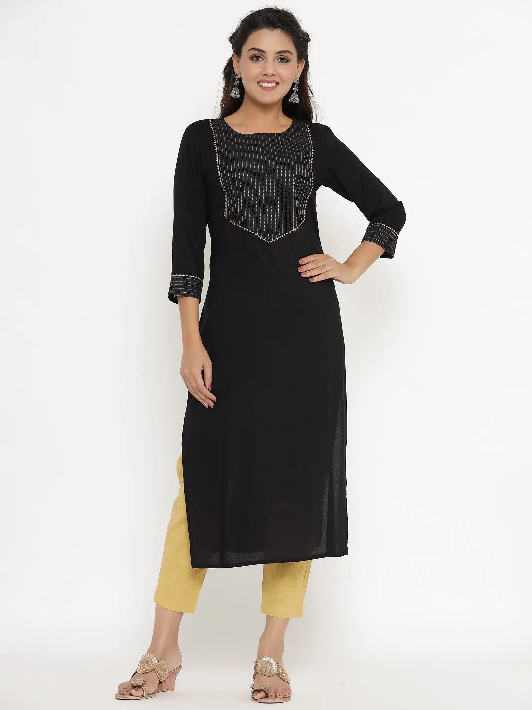 Rayon Zari Quilted Yoke Straight Kurta - Black