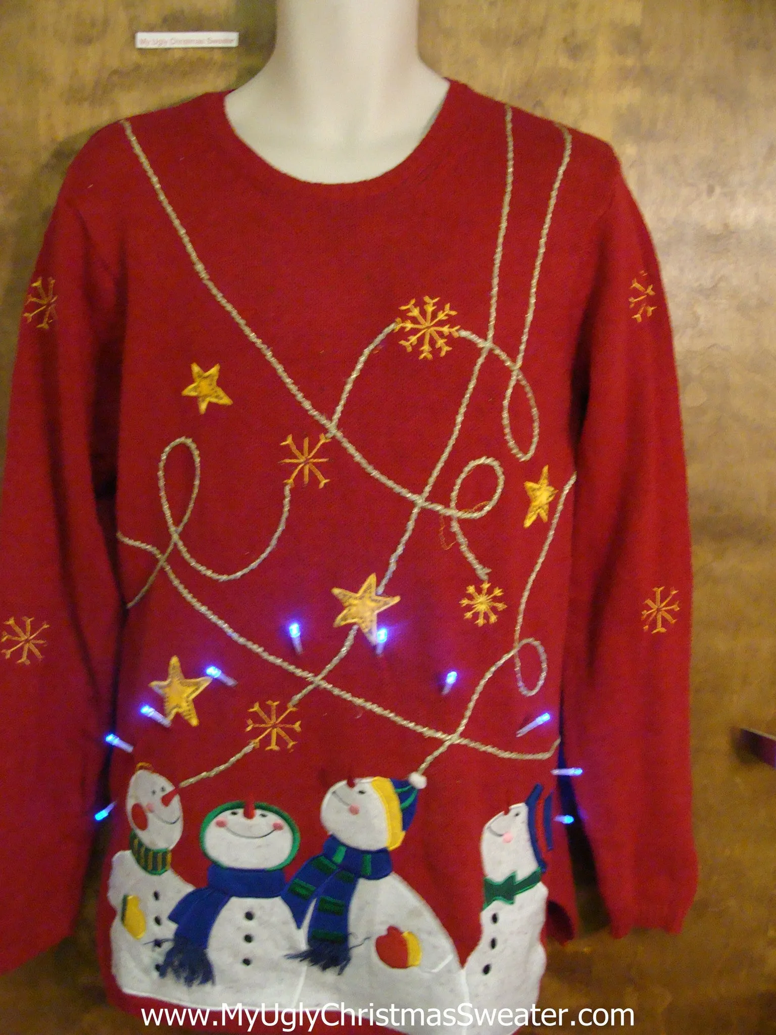 Red Light Up Ugly Xmas Sweater with Starry Snowmen