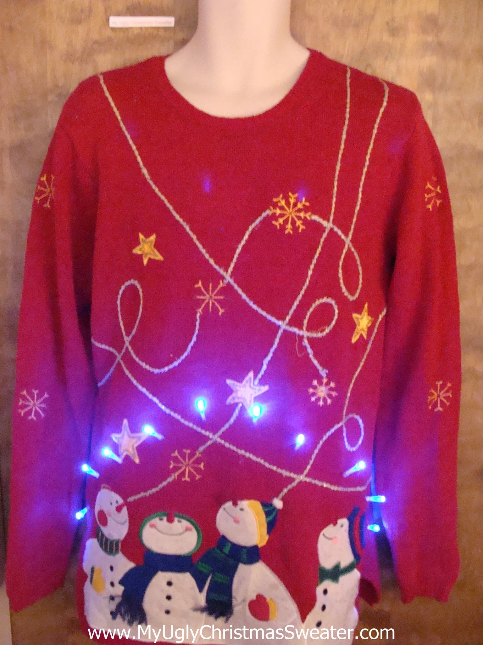 Red Light Up Ugly Xmas Sweater with Starry Snowmen