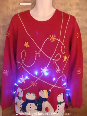 Red Light Up Ugly Xmas Sweater with Starry Snowmen