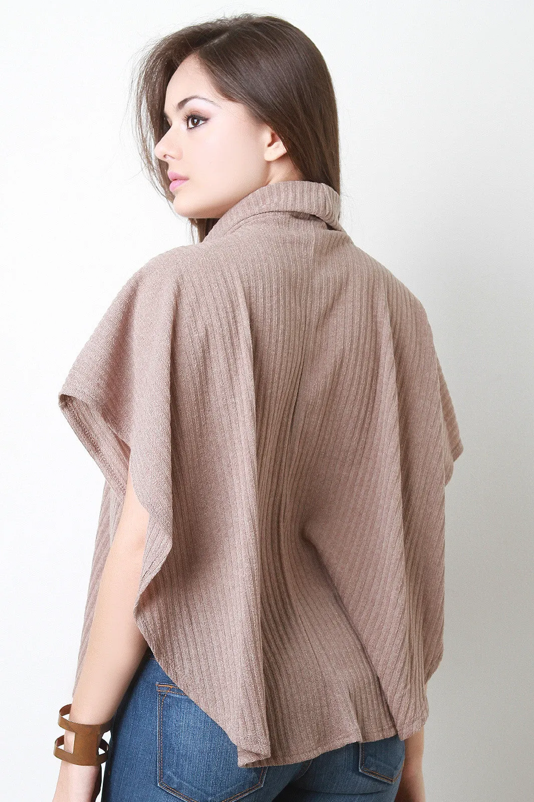 Ribbed Knit Cowl Neck Poncho Top