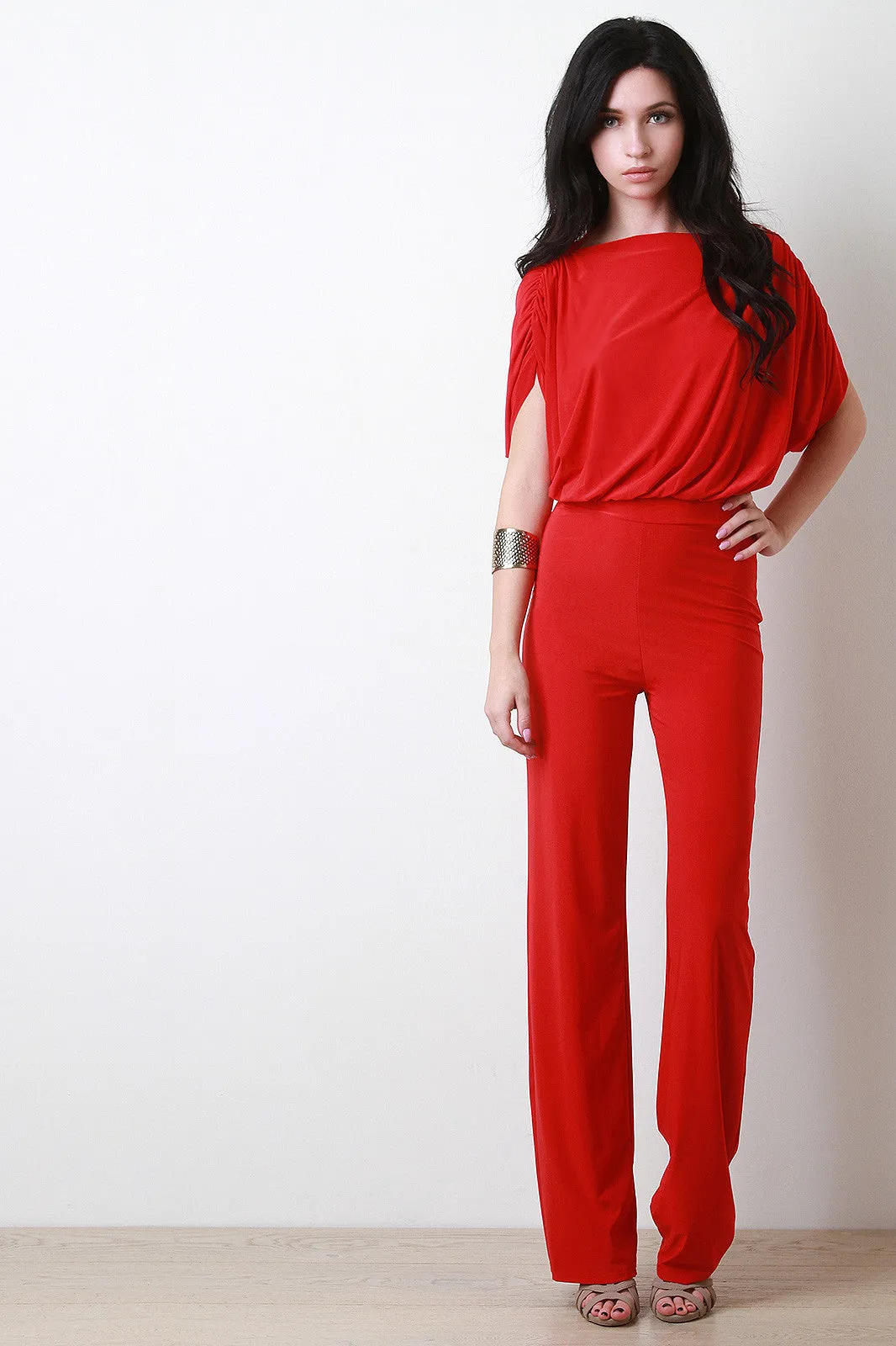 Ruched Sleeves Cape Top Jumpsuit