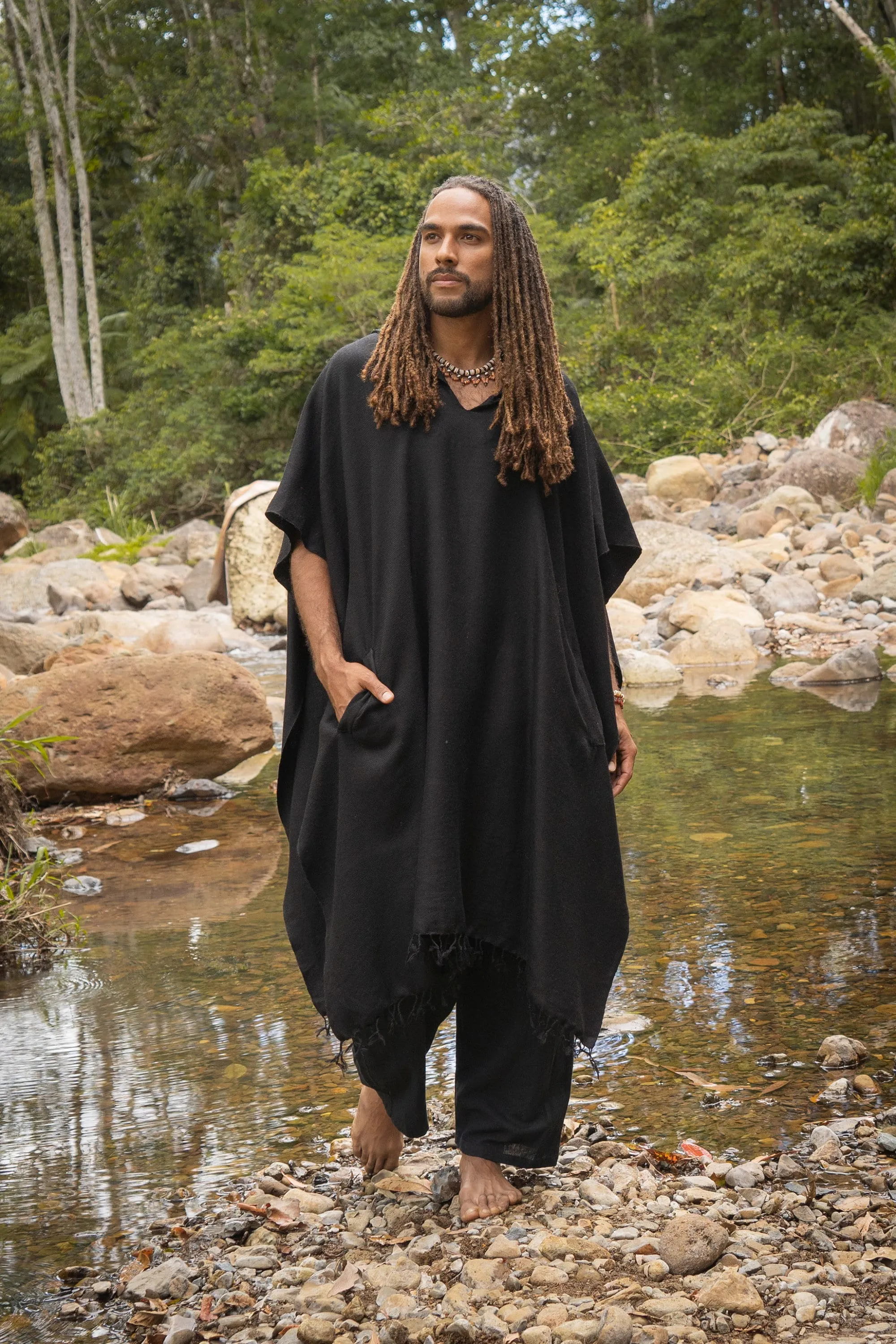 SAHAJI Poncho Brown Pure Cashmere Wool Hooded Mens Long with Pockets Handmade Handwoven Viking Festival Ceremony Gypsy Boho Mexican AJJAYA