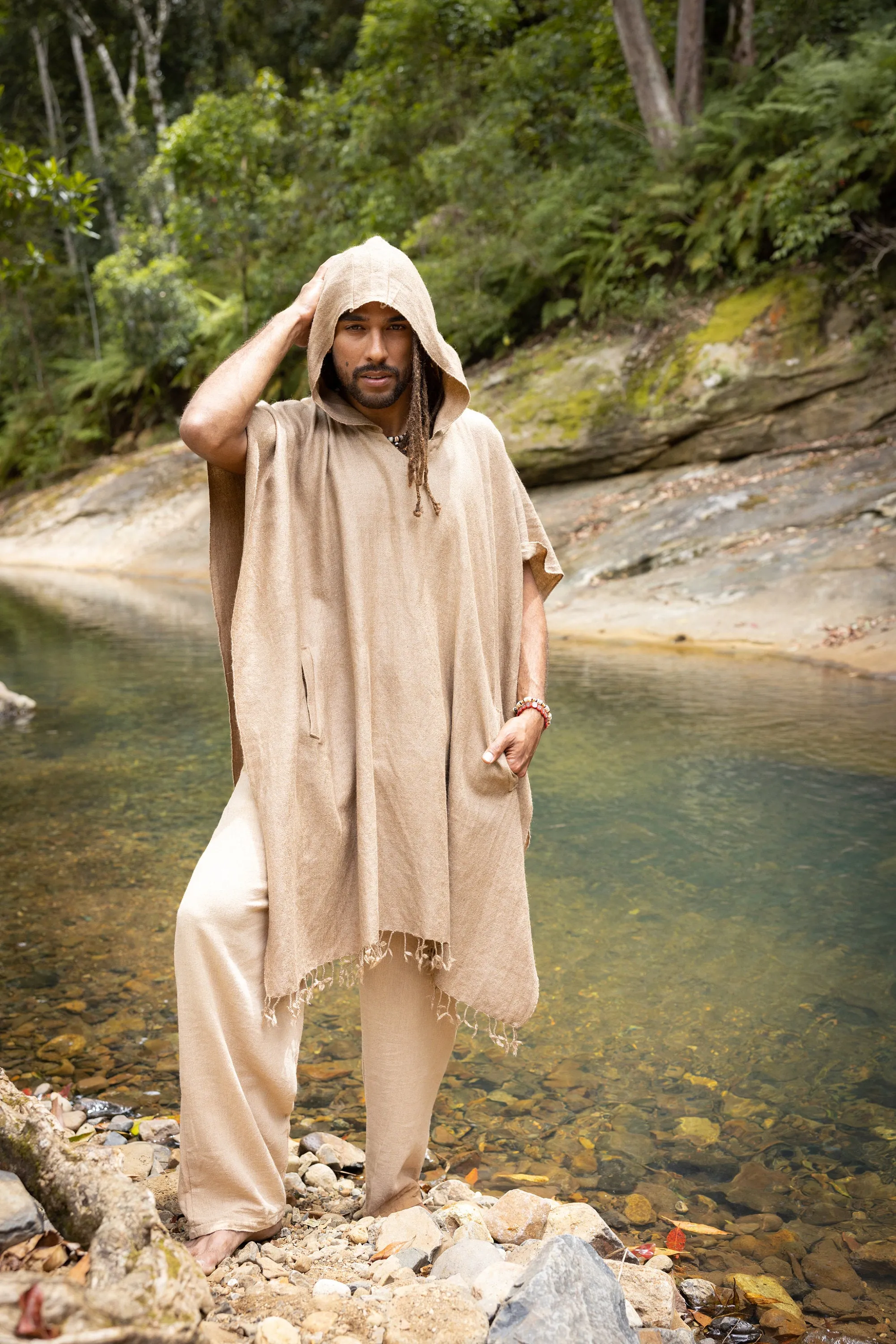 SAHAJI Poncho Brown Pure Cashmere Wool Hooded Mens Long with Pockets Handmade Handwoven Viking Festival Ceremony Gypsy Boho Mexican AJJAYA