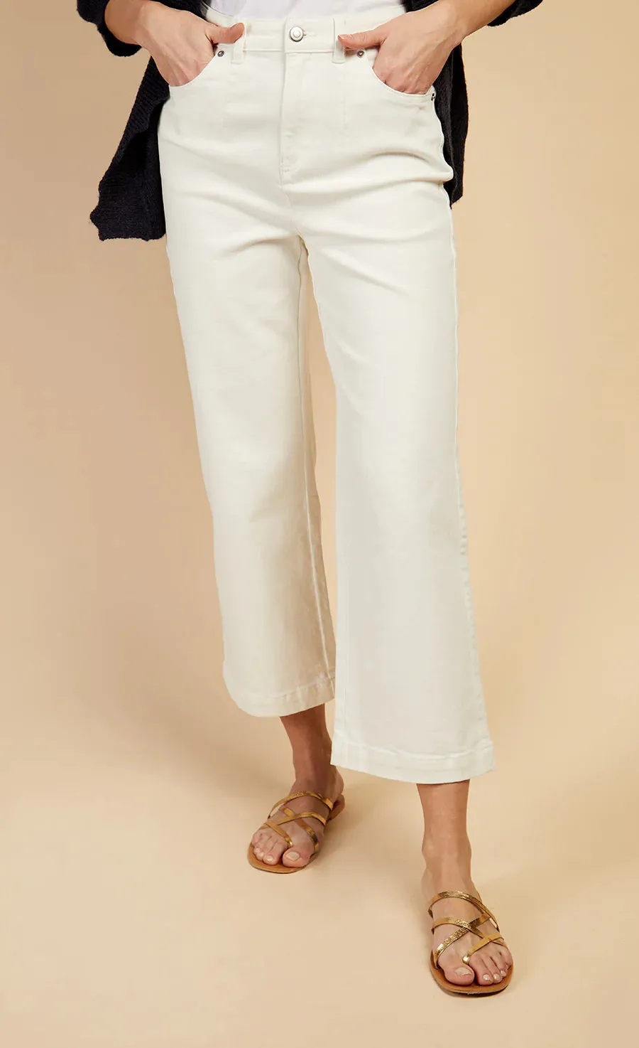 Sarah Cropped Wide Leg Denim Jeans (White)