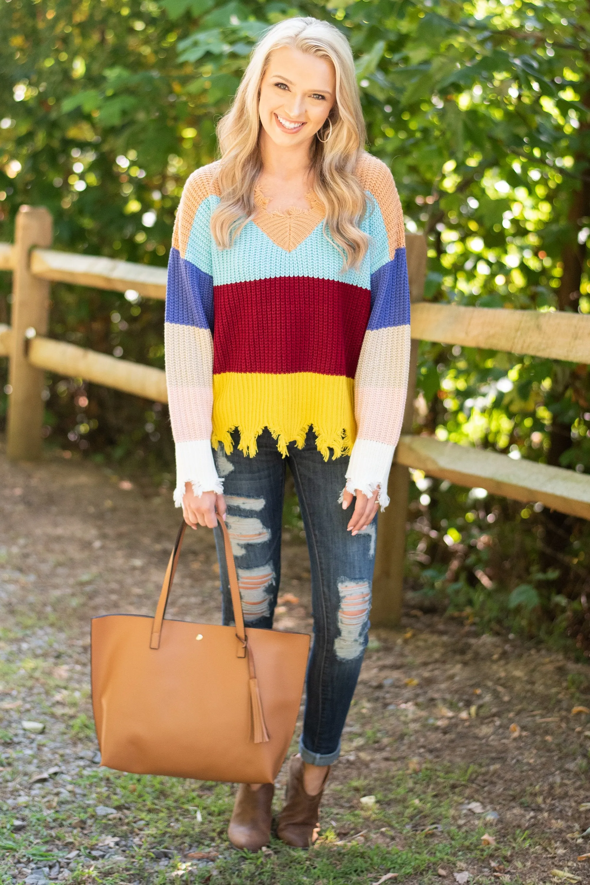 See You There Tan Multicolored Distressed Sweater