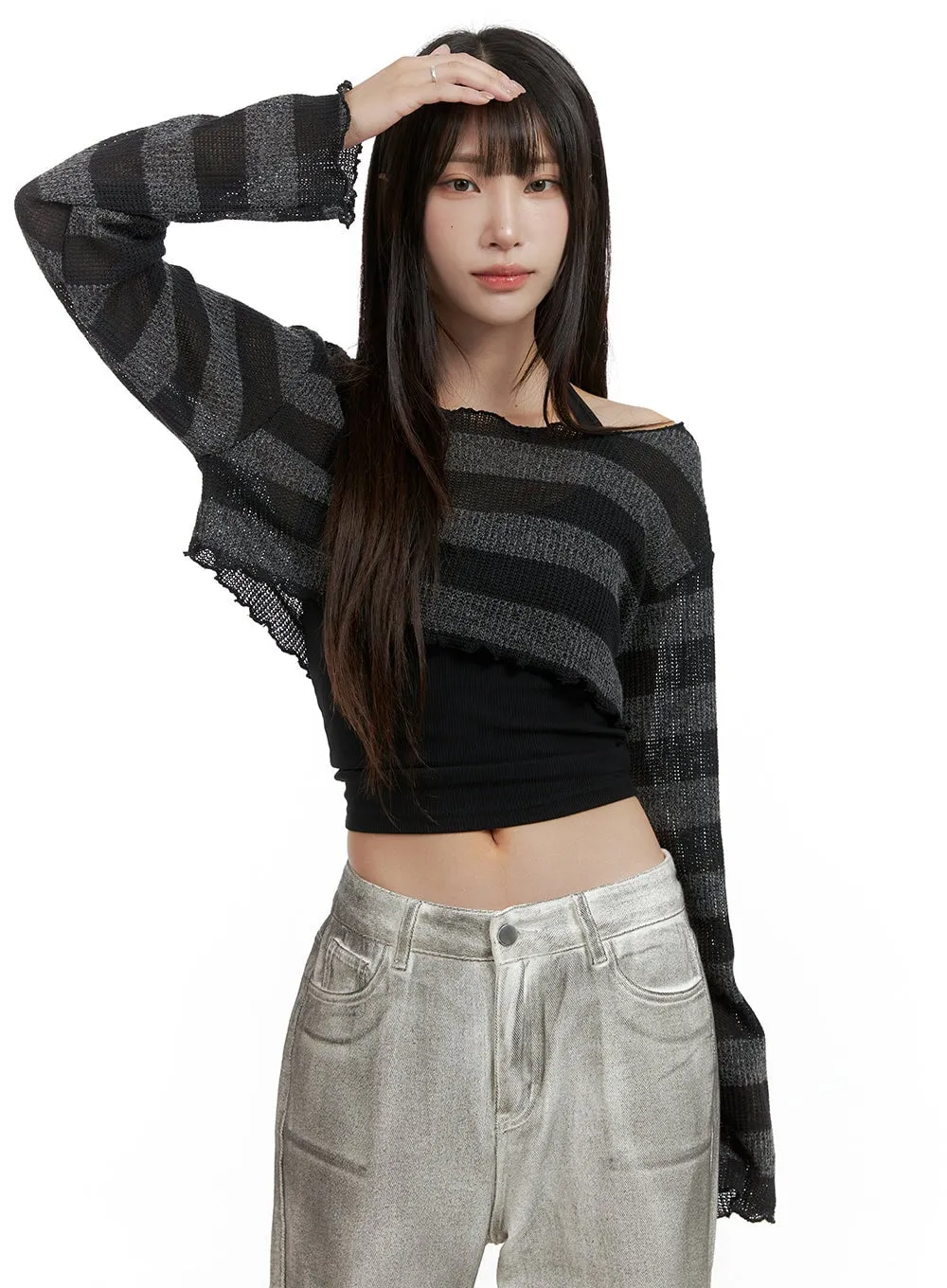 Sheer Striped Crop Sweater CL424