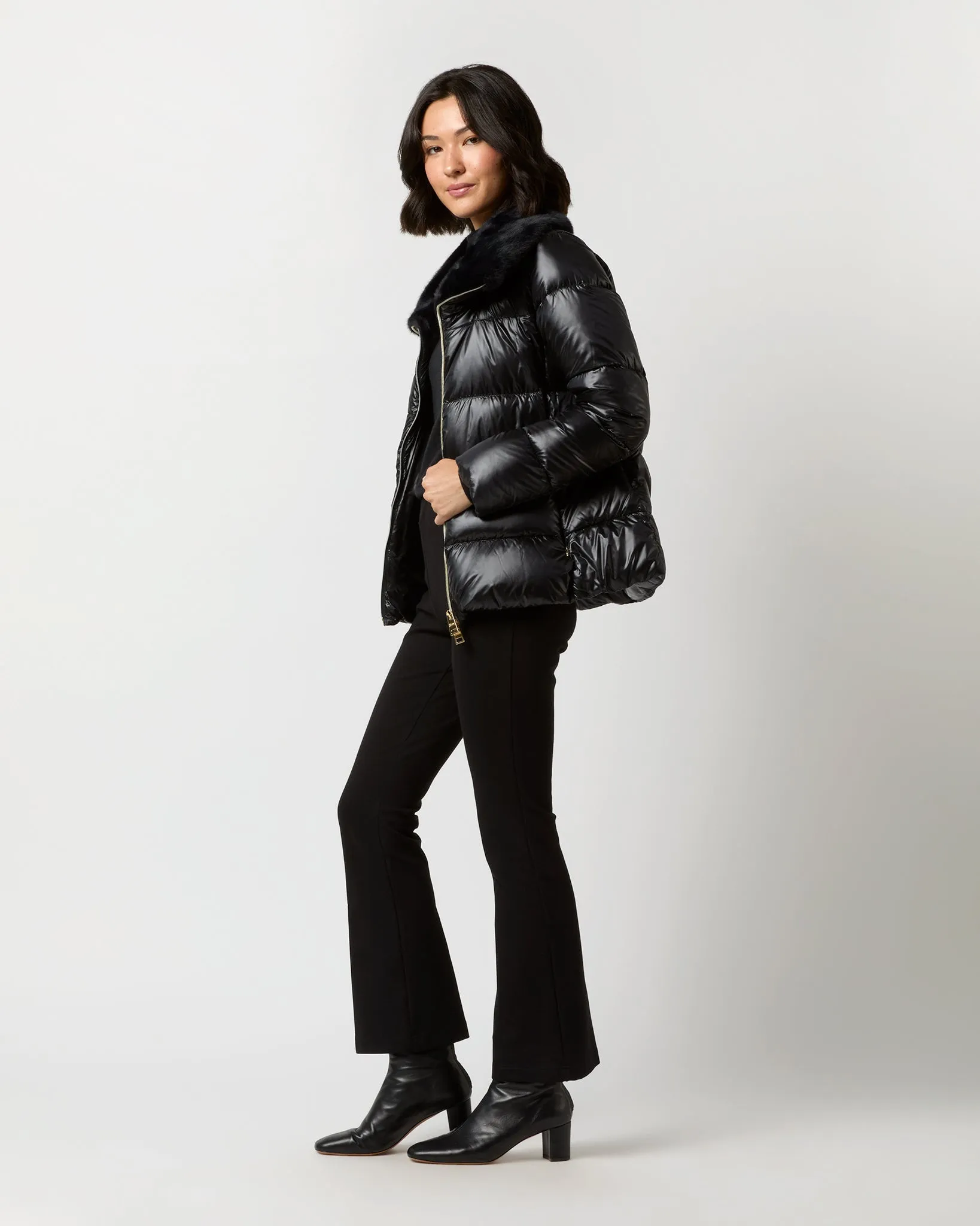 Shiny Nylon Short Jacket With Faux Fur in Black