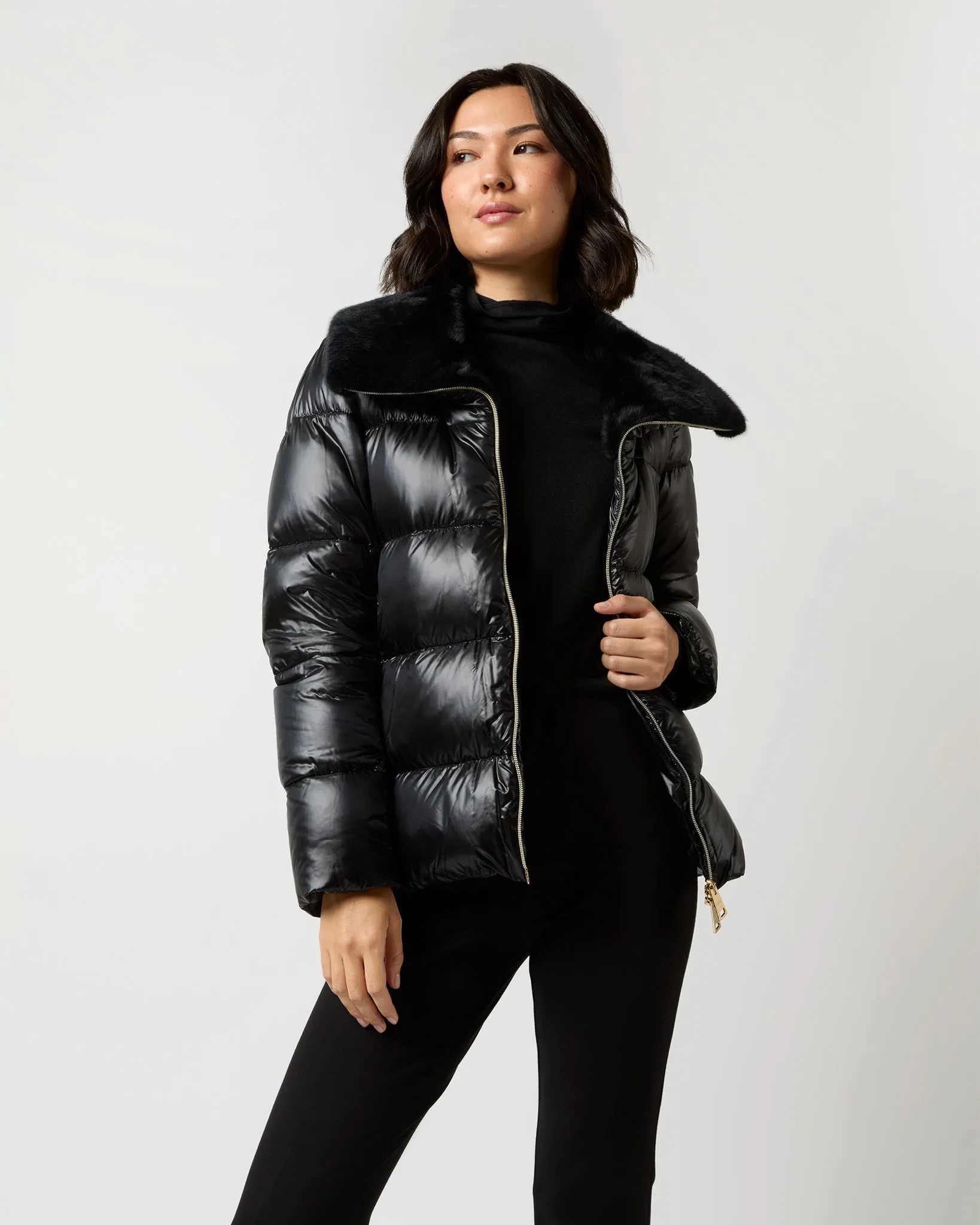 Shiny Nylon Short Jacket With Faux Fur in Black