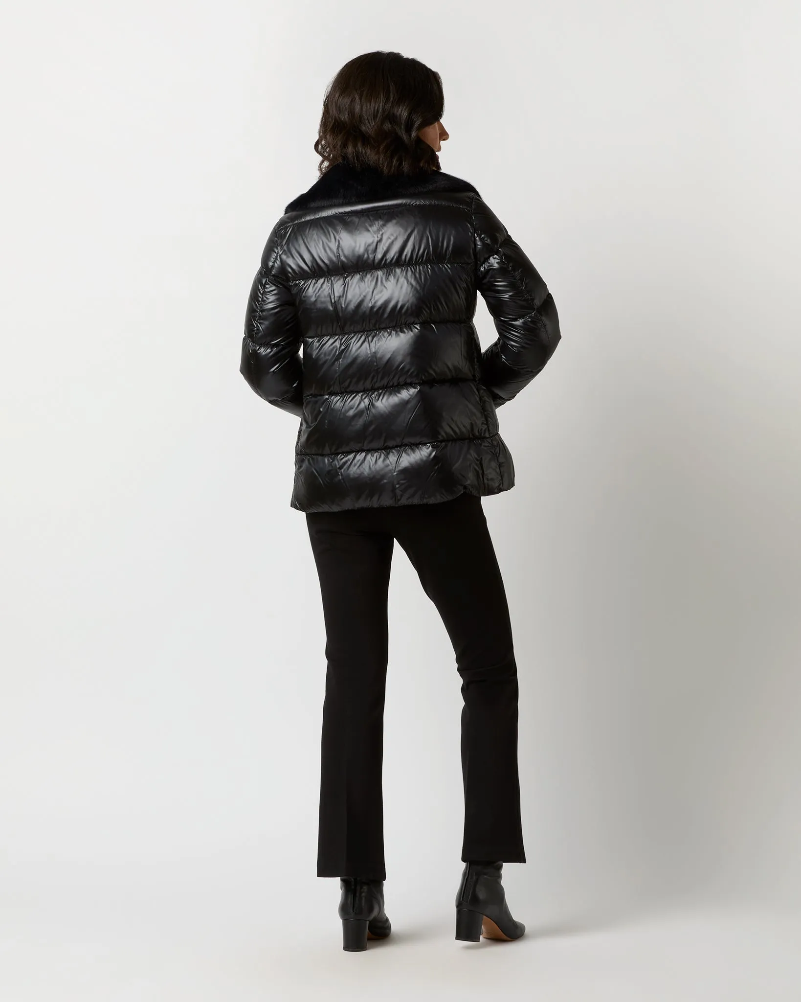 Shiny Nylon Short Jacket With Faux Fur in Black