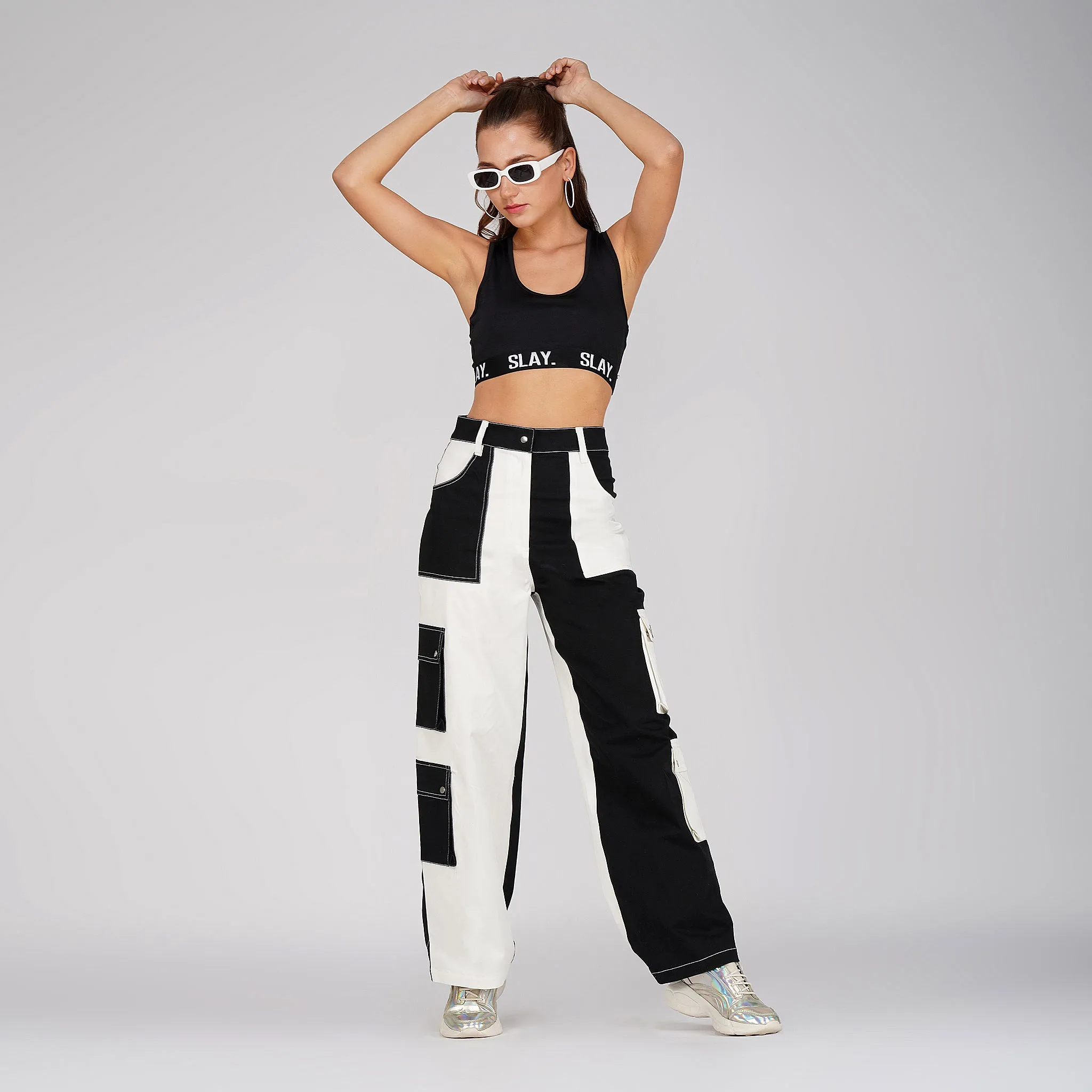 SLAY. Women's Black & White Colorblock Baggy Jeans & Crop Top Co-ord Set