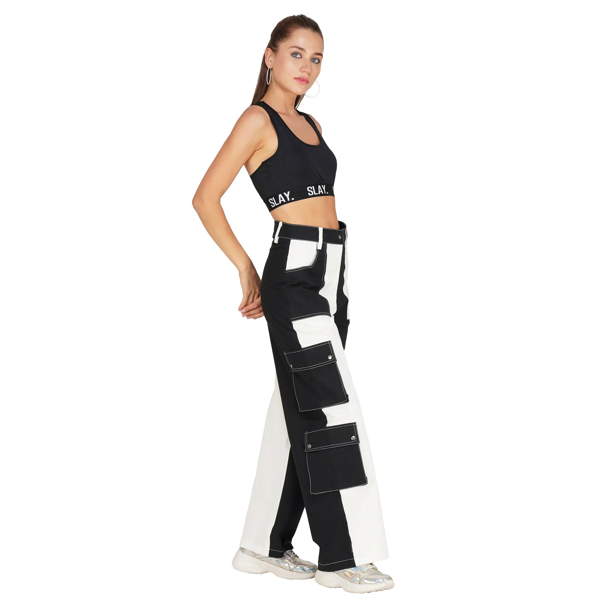 SLAY. Women's Black & White Colorblock Baggy Jeans & Crop Top Co-ord Set