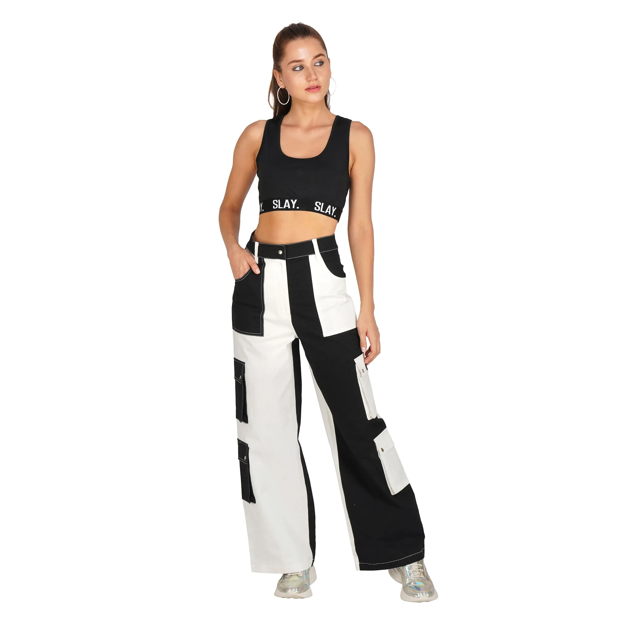 SLAY. Women's Black & White Colorblock Baggy Jeans & Crop Top Co-ord Set