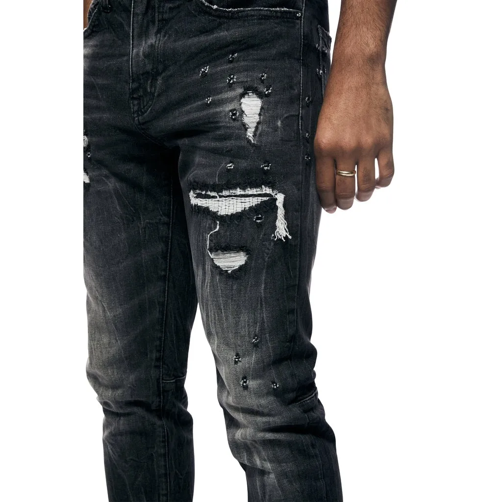 Slim Rip And Repair Jeans - Moon Black