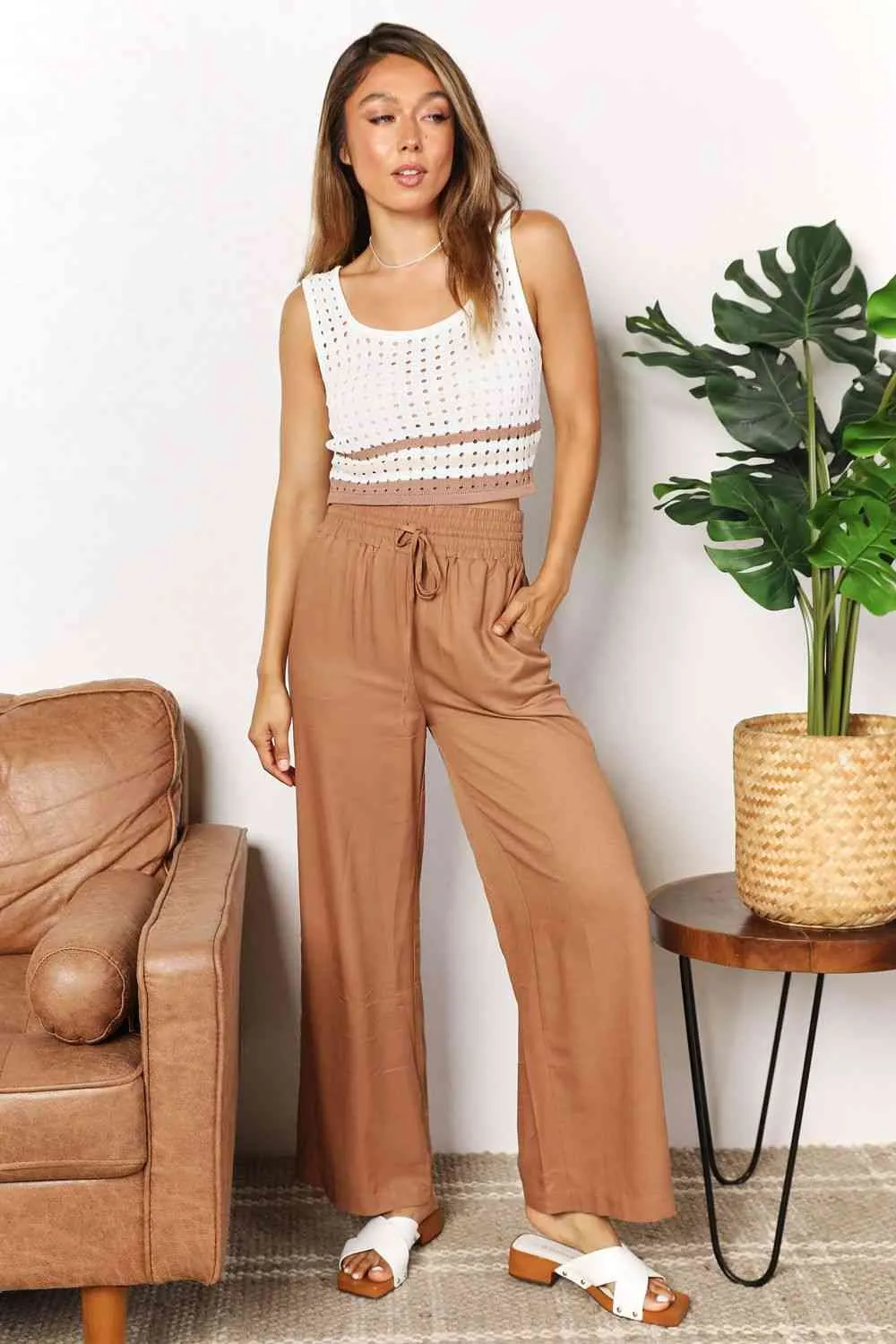 Smocked Drawstring Elastic High Waist Wide Leg Pants (Camel/Black)