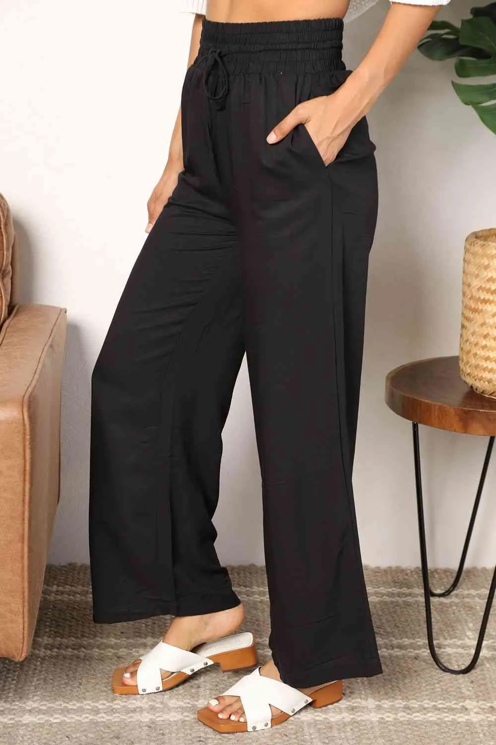 Smocked Drawstring Elastic High Waist Wide Leg Pants (Camel/Black)