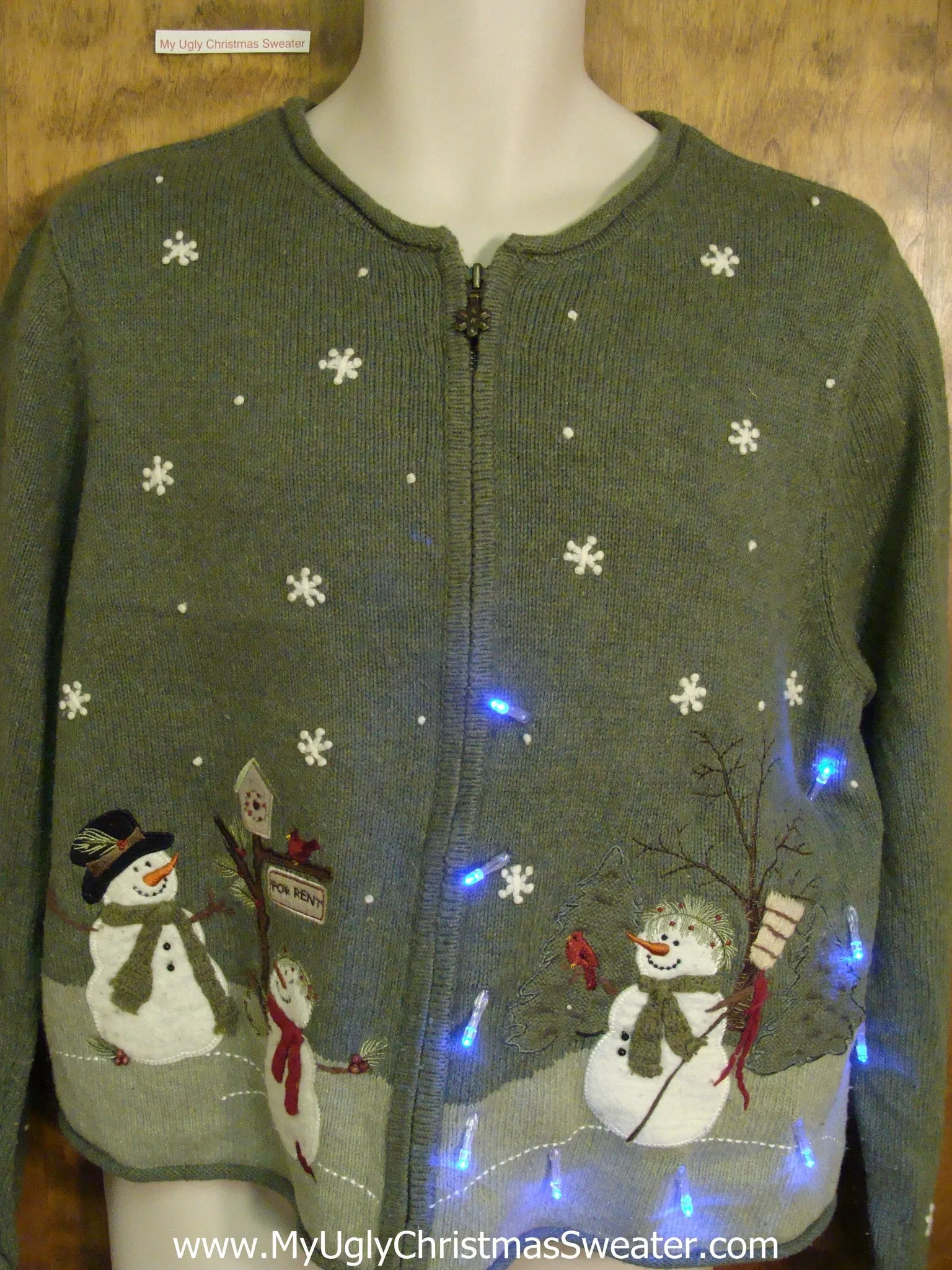 Snowman Trio Green Light Up Ugly Xmas Sweater