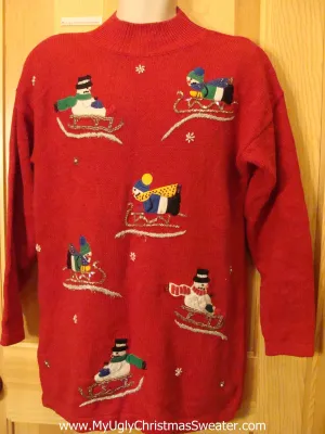 Snowmen Sledding Red Tacky Christmas Sweater